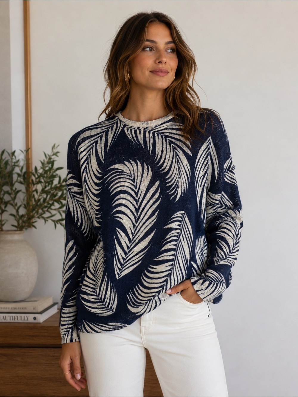 Show Me Your MuMu Navy and White Feather Print Crewneck Sweater